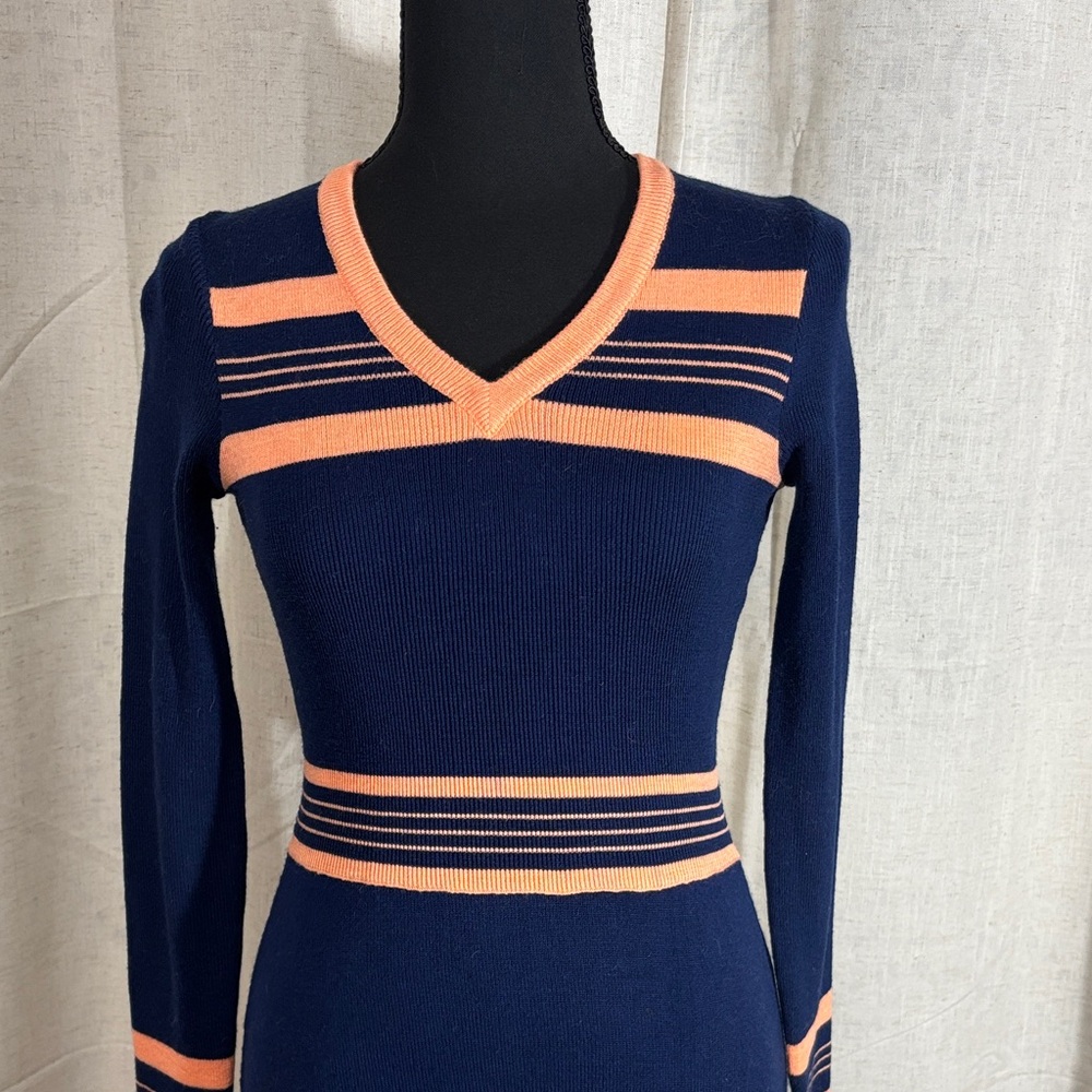Vintage 70s Roncelli Navy and Peach Striped V-Neck Sweater Dress